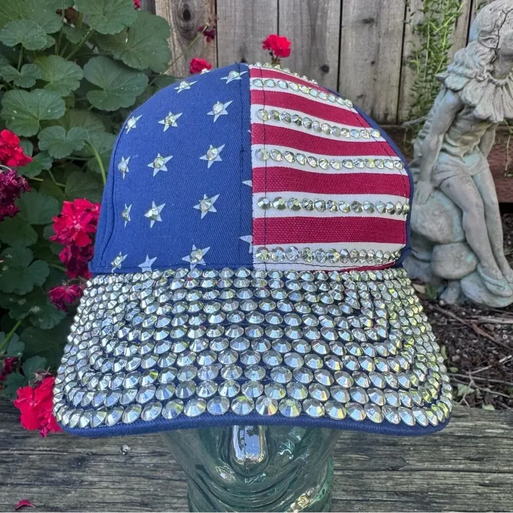 American Flag Bedazzled Rhinestones Patriotic Navy Blue Bling Trucker Hat
